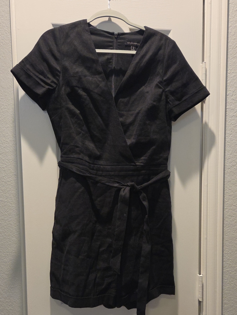 Banana Republic Black Short-Sleeve Wrap Romper with Tie Waist